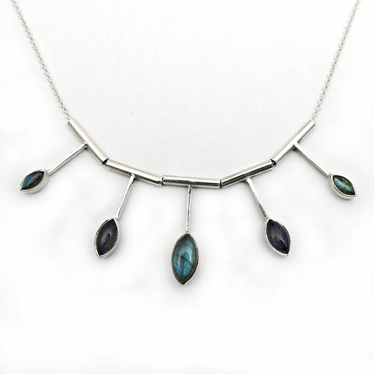Labradorite Gemstone 925 Solid Silver Bohemian Cluster Third Eye Chakra Necklace