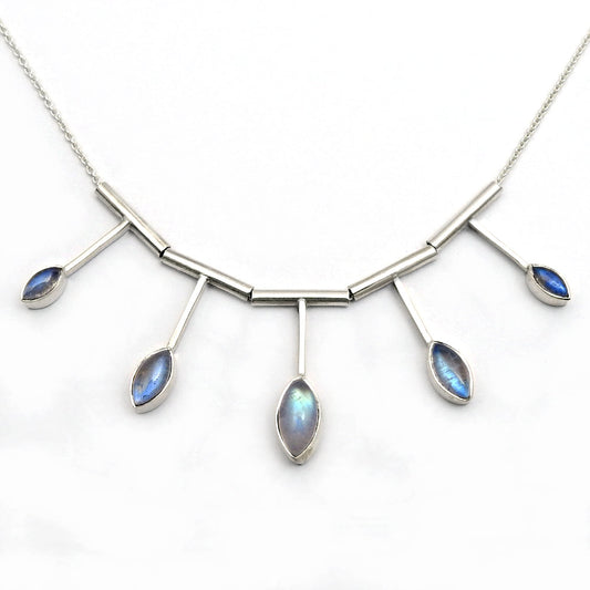 Rainbow Moonstone Gemstone Tribal Daughter Cluster Boho Necklace Solid Silver