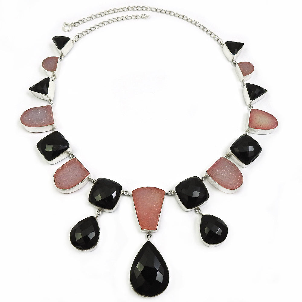 Druzy Black Onyx Gemstone 925 Sterling Silver Statement Necklace For Women Girls