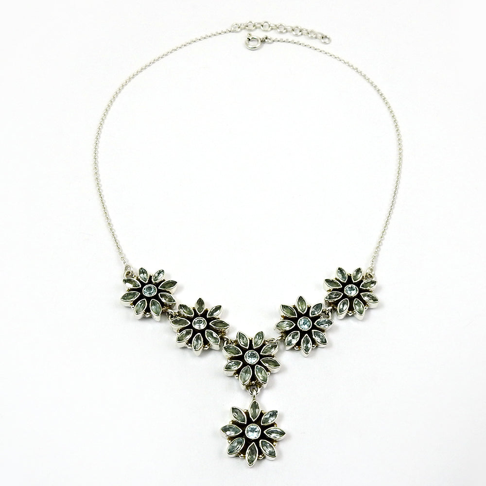Natural Blue Topaz Gemstone Cluster Ethnic Aqua Necklace 925 Sterling Silver C5