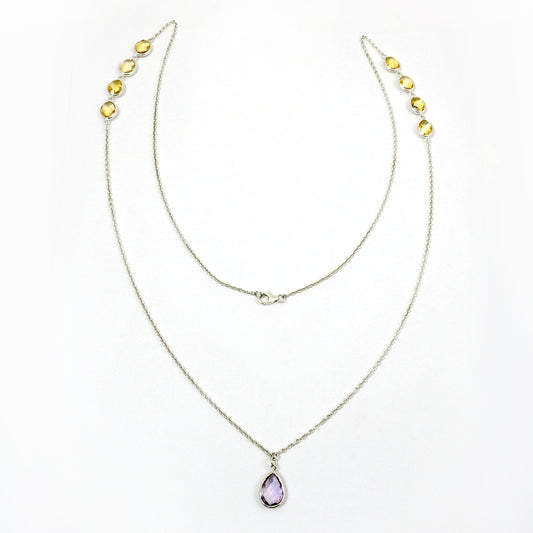 February Birth Pear Citrine Stone Cluster Anniversary Necklace Sterling Silver
