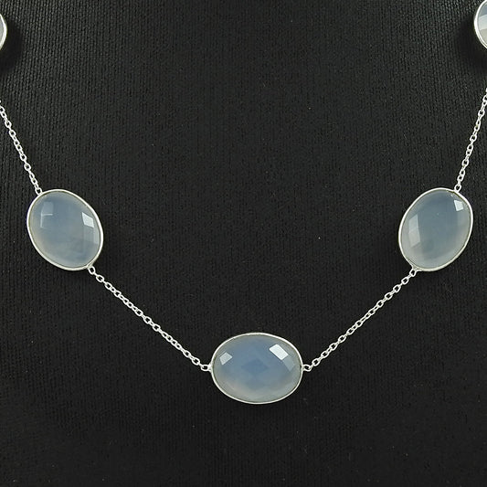 Natural Chalcedony Gemstone Cluster Boho Blue Necklace 925 Sterling Silver Y1