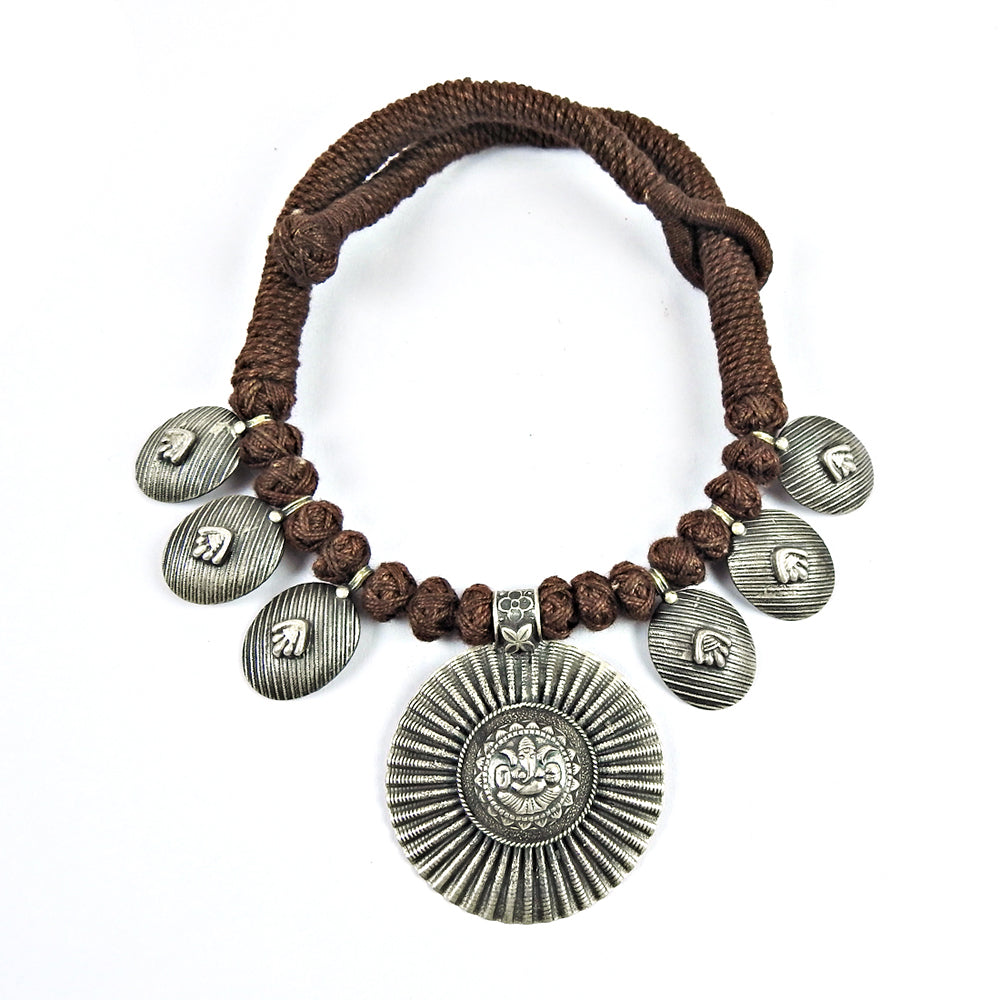 Oxidised Sterling Silver Antique Jewellery Ganesha Thread Necklace