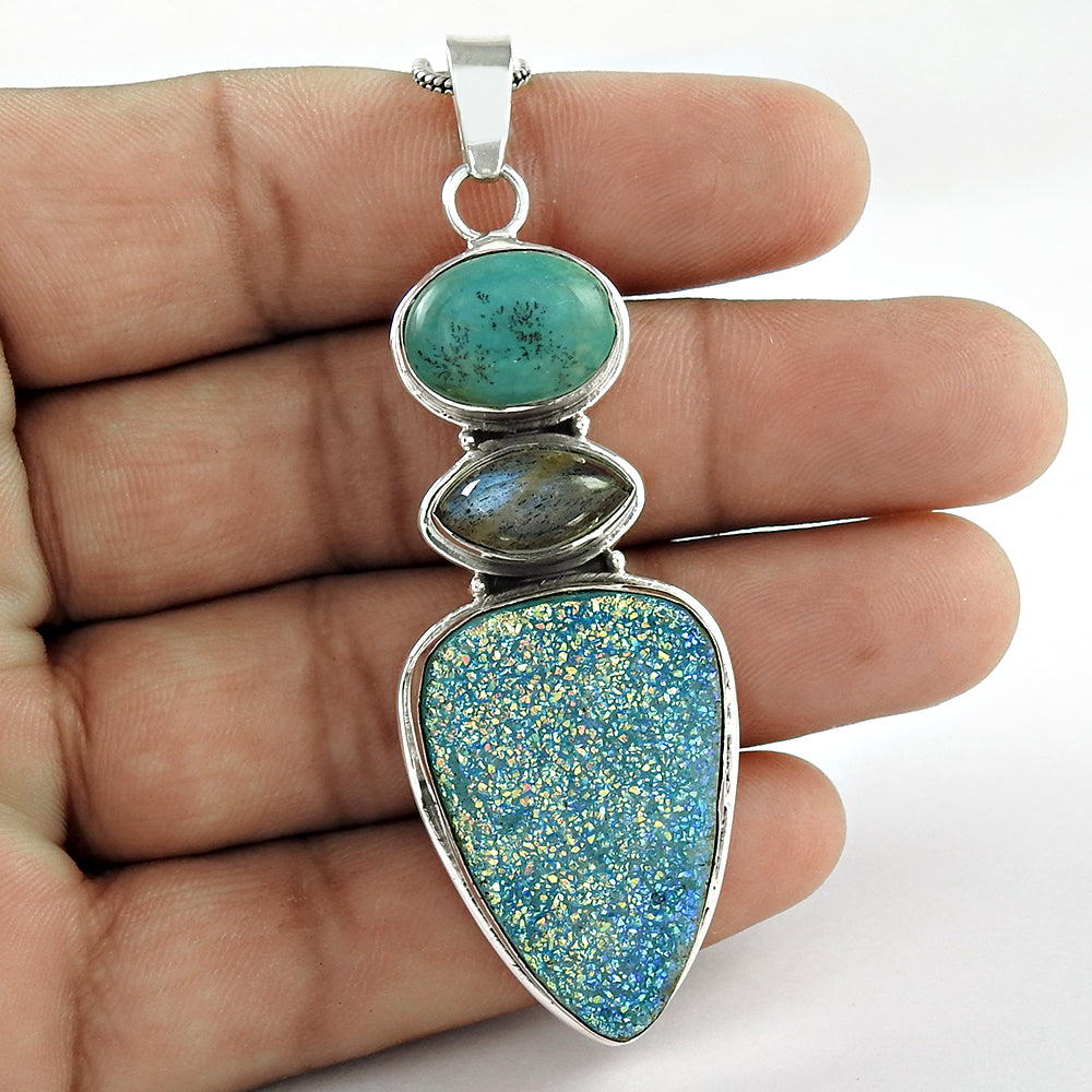 Trillion Turquoise Stone Solid Sterling Silver Mother Tribal Bezel New Pendant