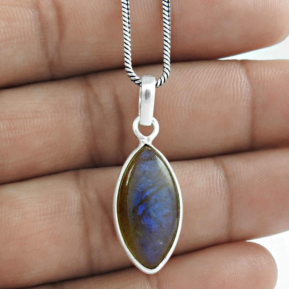 Third Eye Chakra Natural Labradorite Bezel Boho Pendant Solid Sterling Silver