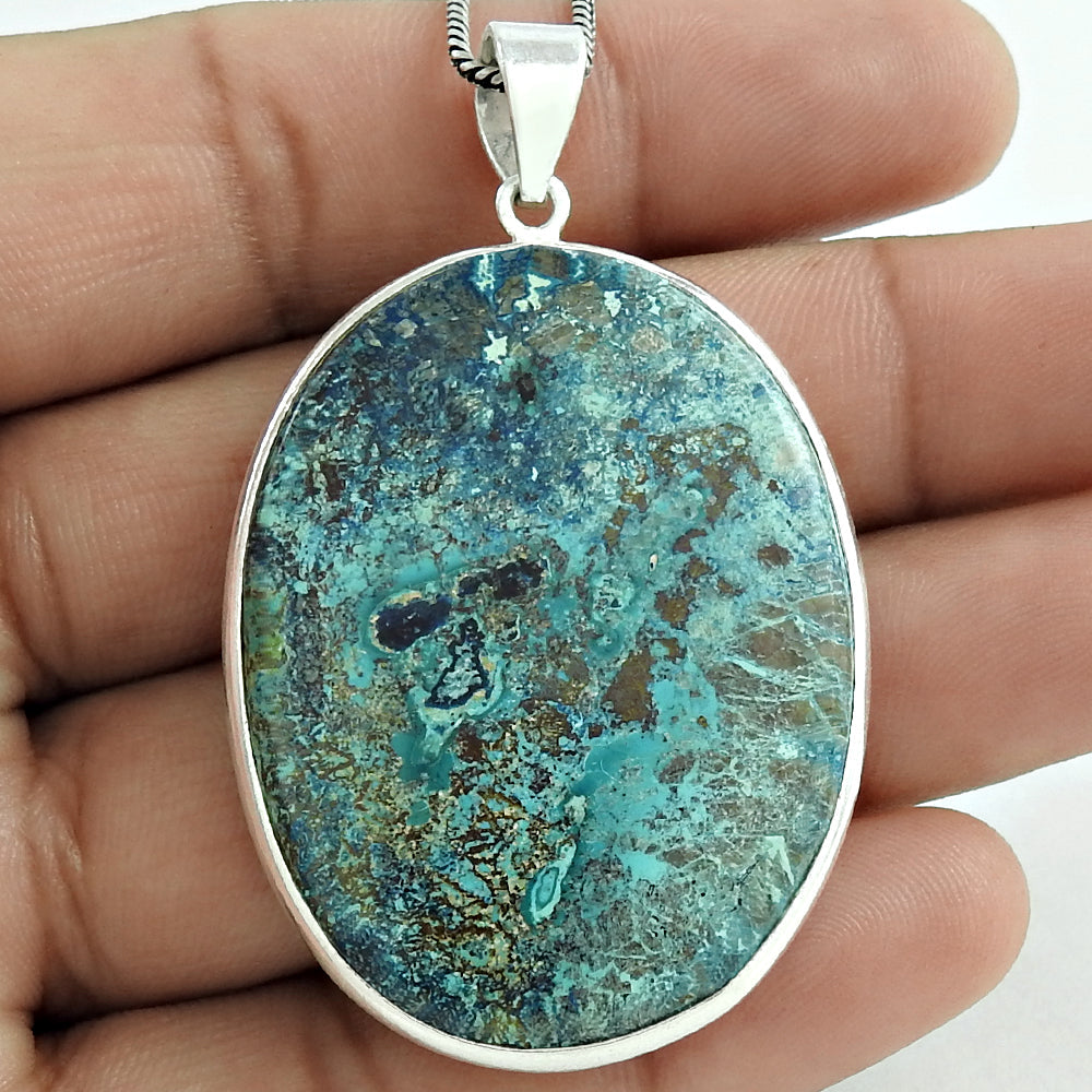 Natural Azurite Gemstone Pendant Ethnic Blue 925 Sterling Silver Jewelry R61