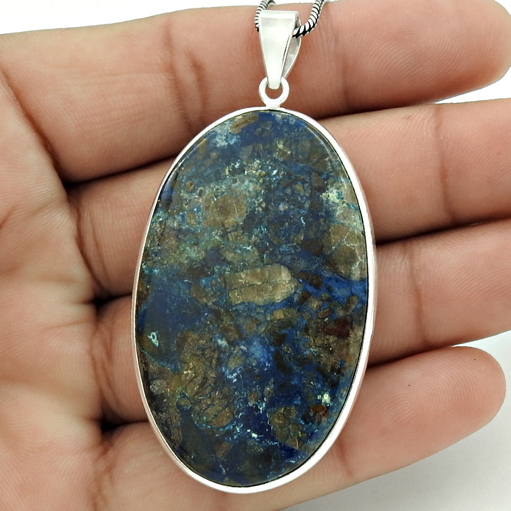 Birthday Gift Natural Azurite Gemstone Trendy Pendant 925 Sterling Silver N61