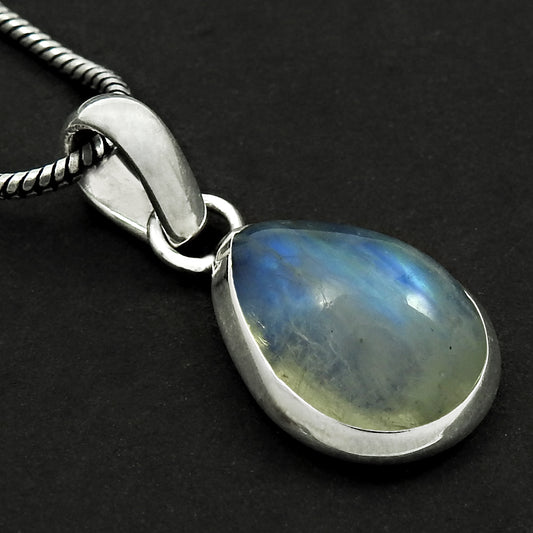 Pear Natural Rainbow Moonstone 925 Solid Silver Wife Ethnic Art Deco New Pendant
