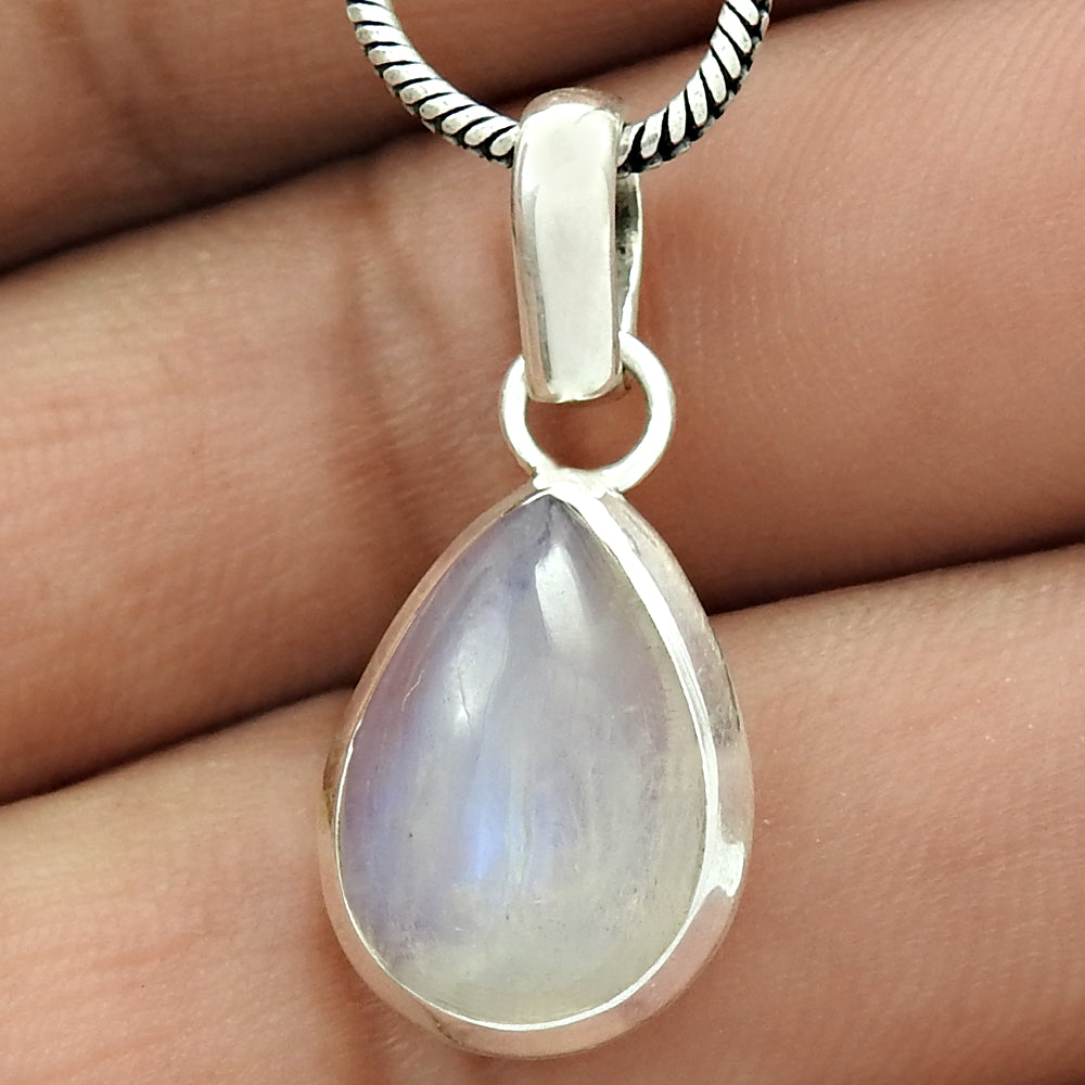 Pear Natural Rainbow Moonstone 925 Solid Silver Wife Ethnic Art Deco New Pendant