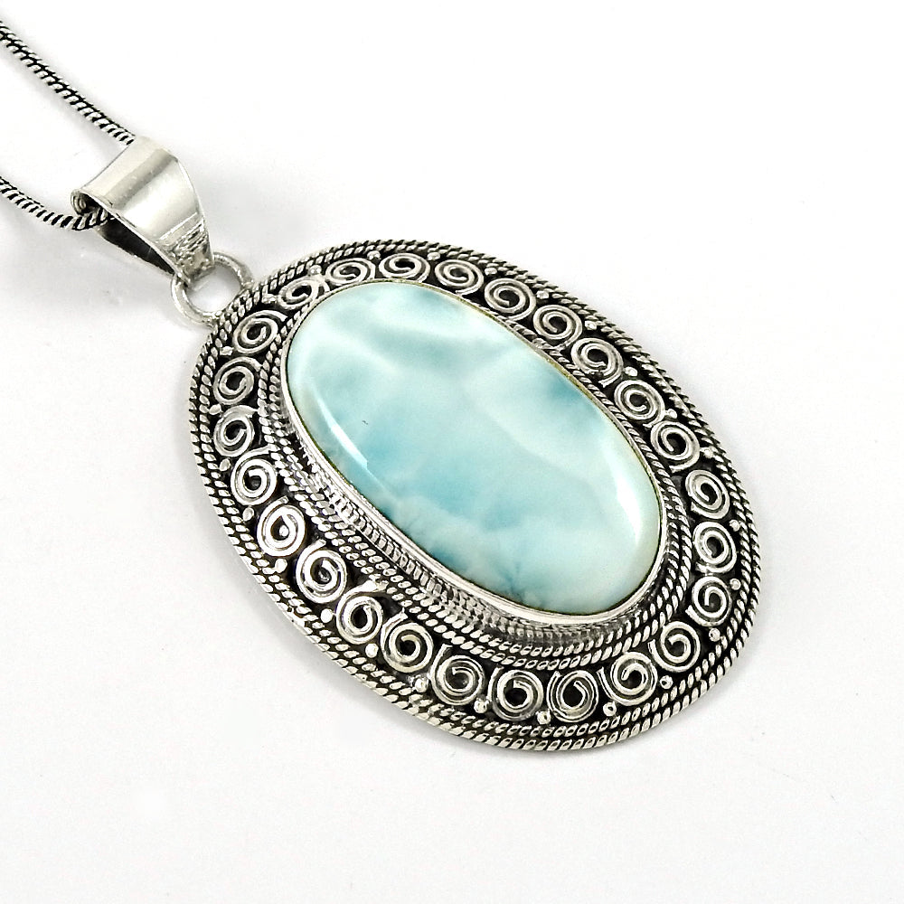 Birthday Gift Natural Larimar Gemstone Pendant Vintage 925 Silver A25