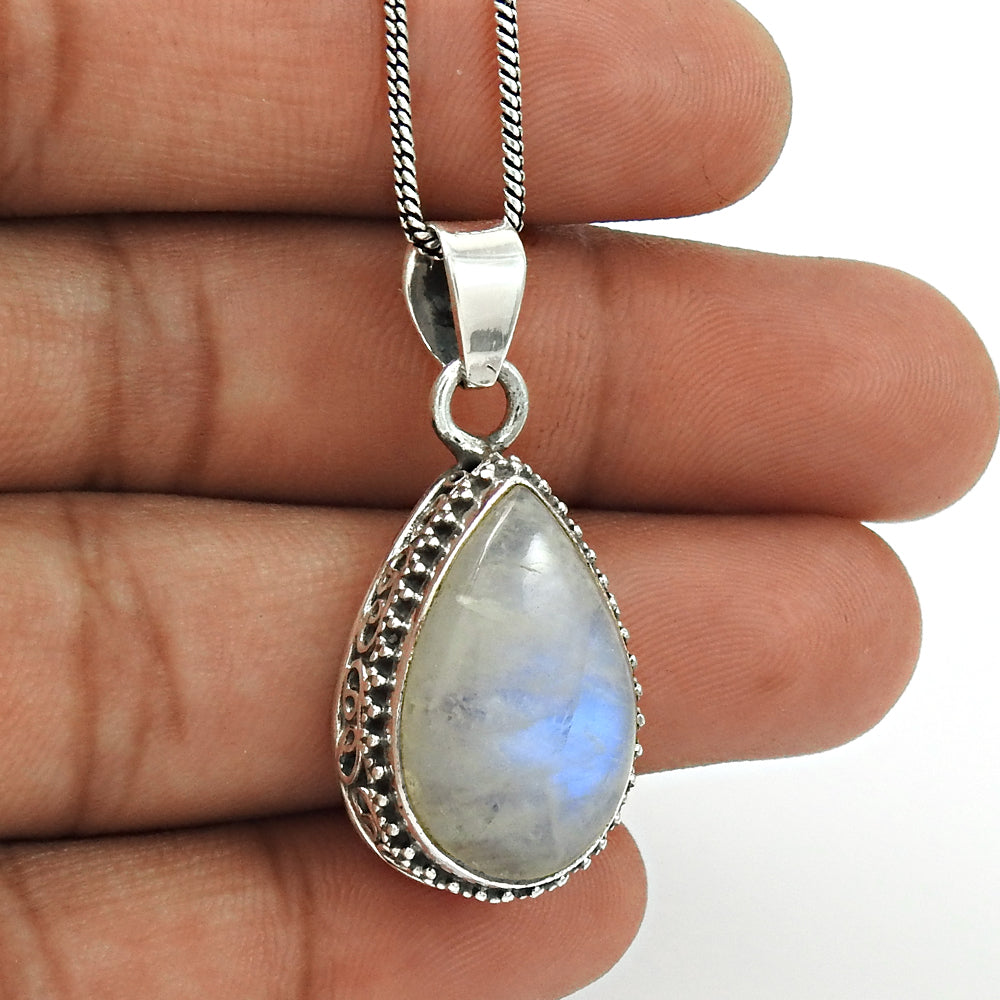 Gift For Her 925 Silver Natural Rainbow Moonstone Gemstone Pendant Boho A63