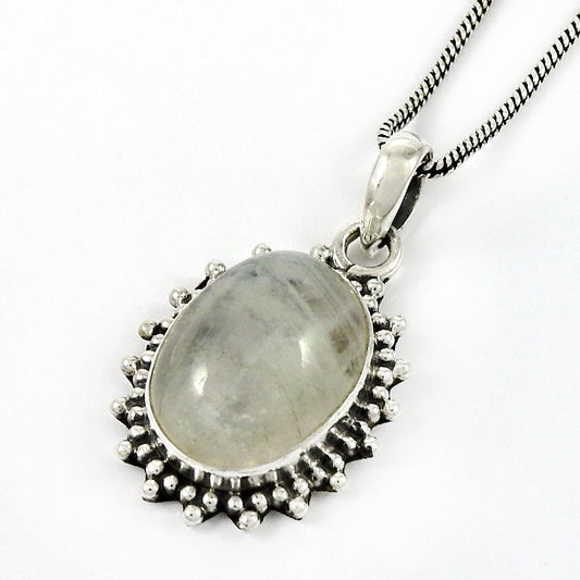 Natural Rainbow Moonstone Gemstone Pendant Bohemian White 925 Sterling Silver R8