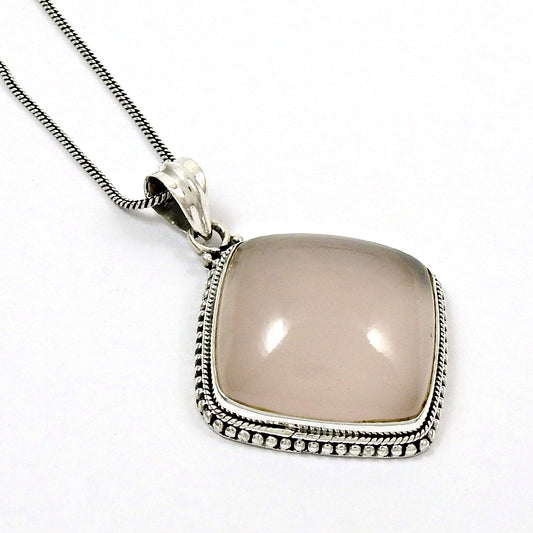 Cushion Rose Quartz Gemstone Tribal Unique Sister Bezel Pendant 925 Solid Silver