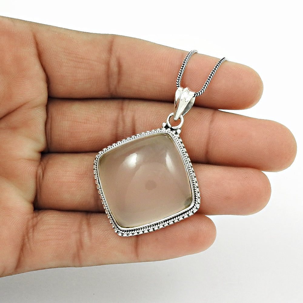 Cushion Rose Quartz Gemstone Tribal Unique Sister Bezel Pendant 925 Solid Silver