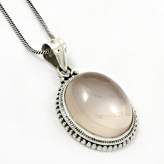 Heart Chakra Oval Rose Quartz Stone Bezel Ethnic Unique Pendant 925 Solid Silver