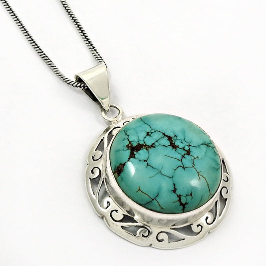 Round Turquoise Gemstone 925 Sterling Silver Handmade Tribal Mother Boho Pendant