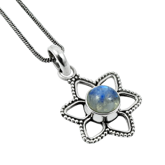 Crown Chakra Natural Rainbow Moonstone 925 Solid Silver Flower Birthday Pendant
