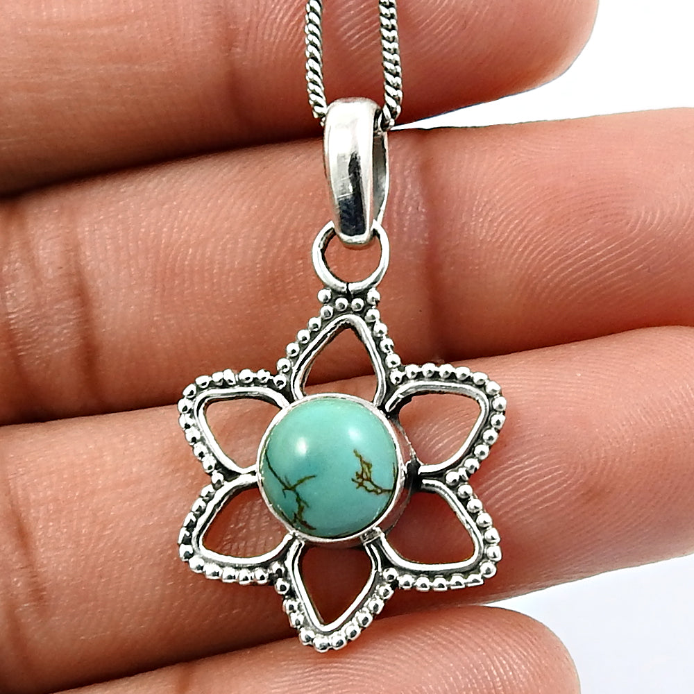 Turquoise Gemstone Sister Flower Ethnic Bezel December Pendant 925 Solid Silver