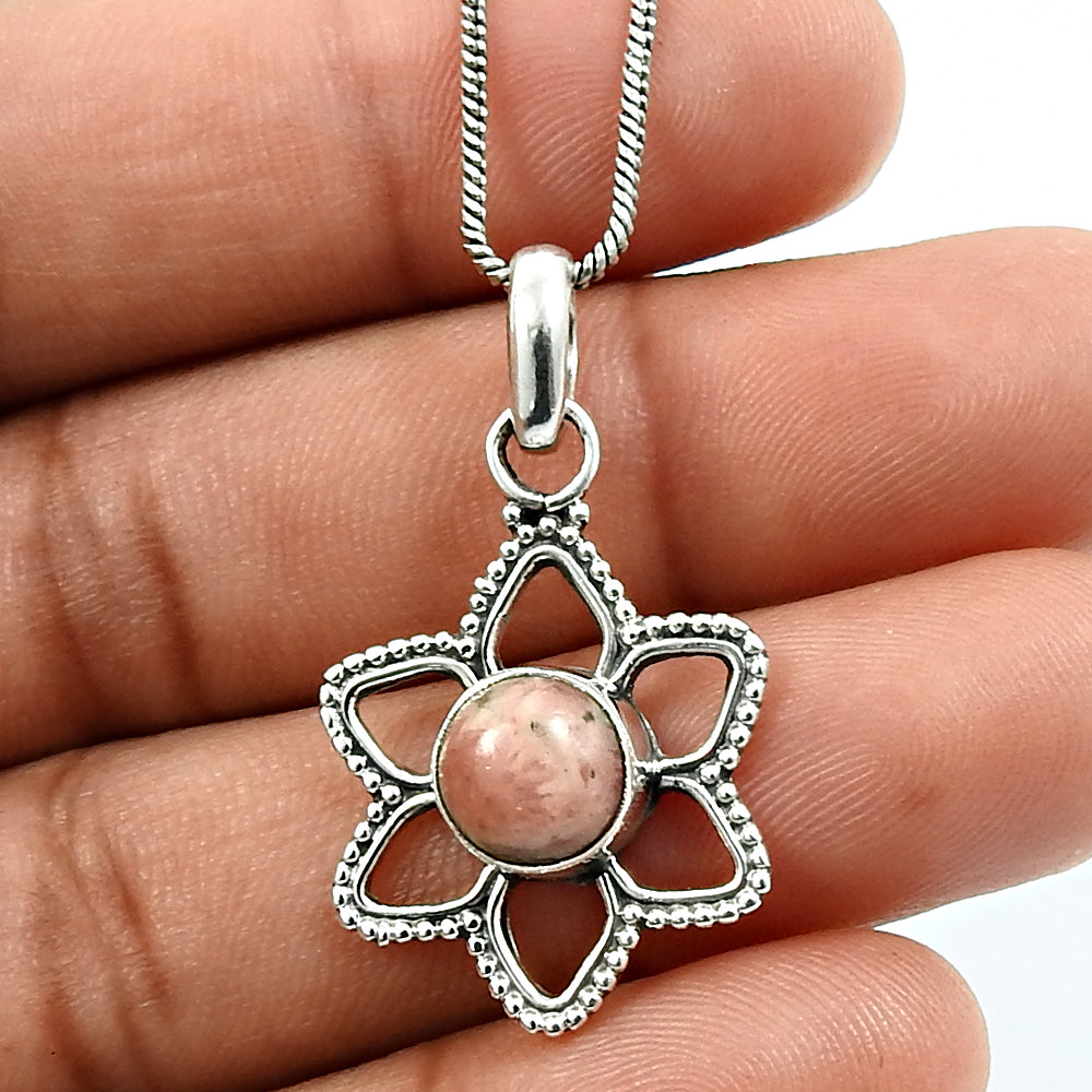 Heart Chakra Round Natural Rhodochrosite Solid Silver Flower Engagement Pendant