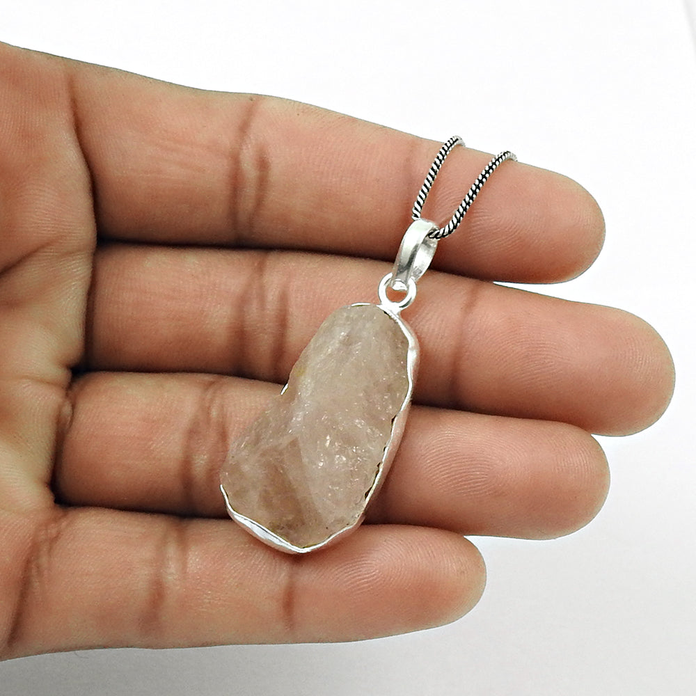 Natural Rose Quartz Gemstone Pendant Rough Stone 925 Sterling Silver Jewelry M9