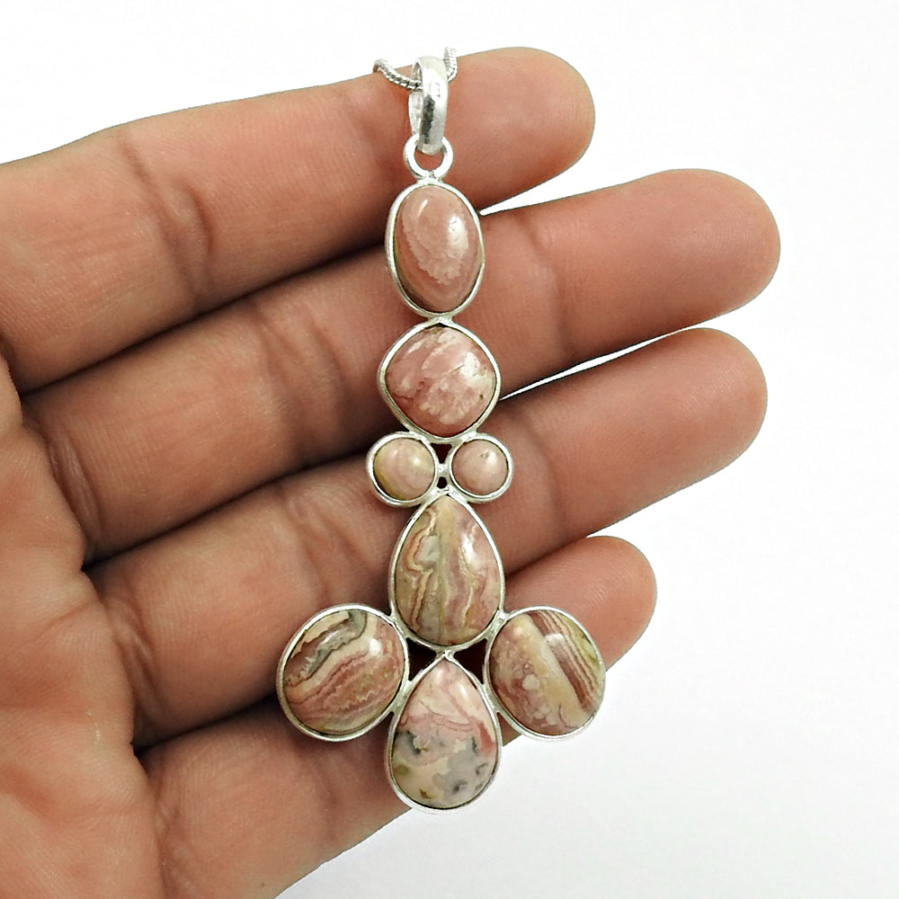 Birthday Gift Natural Rhodochrosite Pendant Tribal 925 Sterling Silver Q1