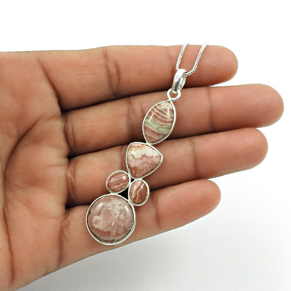 Natural Rhodochrosite Gemstone Pendant Bohemian Pink 925 Sterling Silver R9