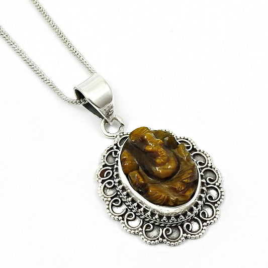 Birthday Gift 925 Silver Natural Tiger Eye Gemstone Pendant Ganesha E29