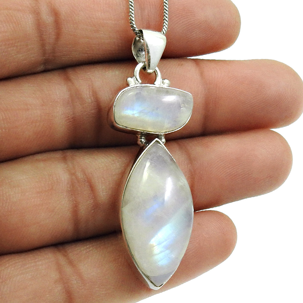 Solid Silver Rainbow Moonstone Gemstone Anniversary Daughter Boho Bezel Pendant