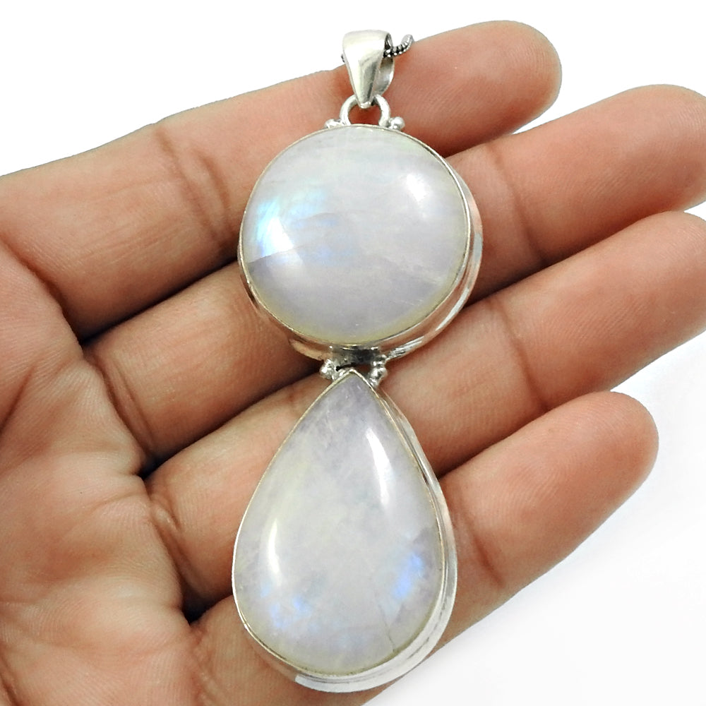 925 Sterling Silver Crown Chakra Natural Rainbow Moonstone Bezel Boho Pendant