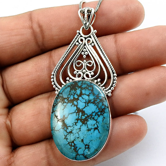 Natural Turquoise Gemstone Pendant Tribal 925 Sterling Silver For Girls Y9