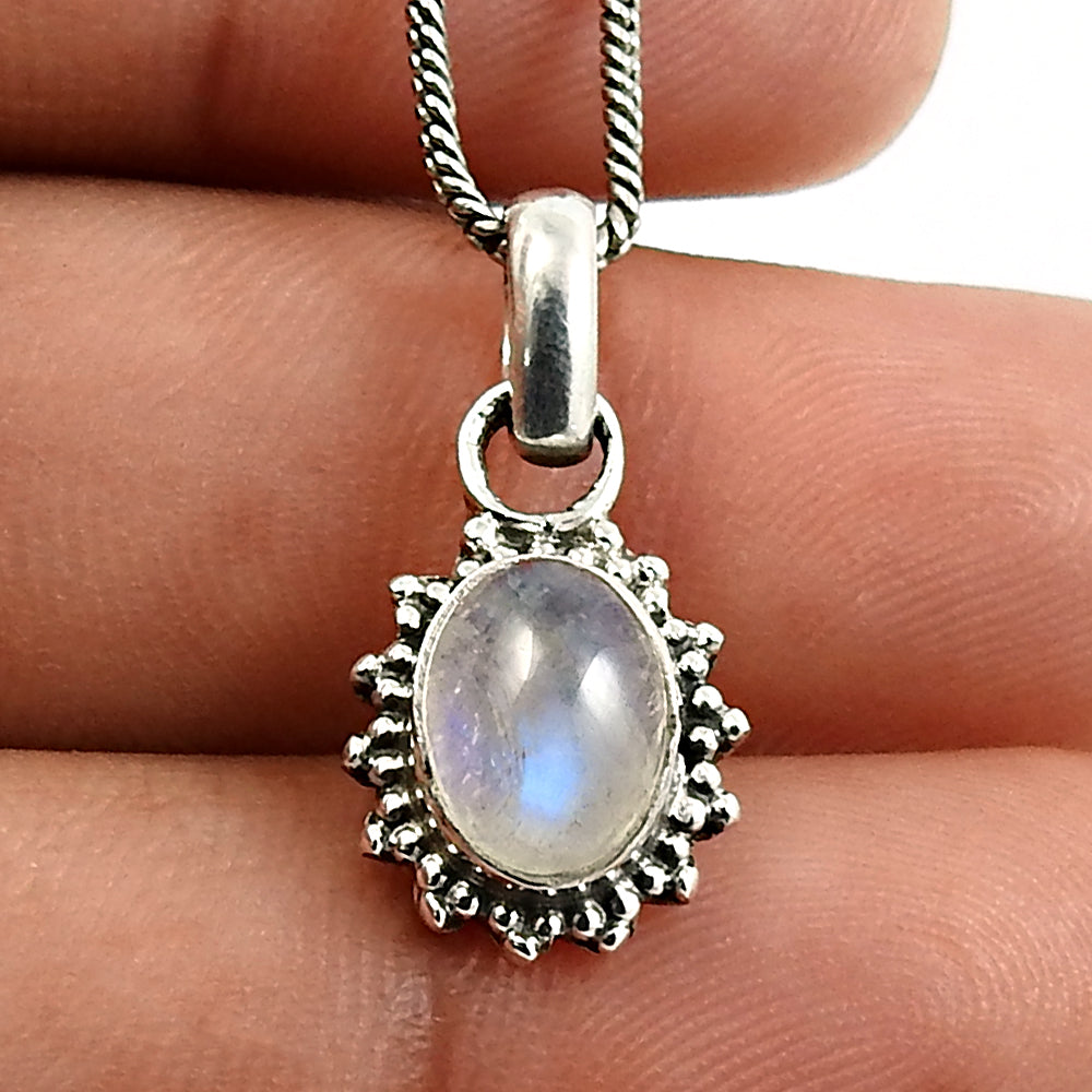 Birthday Gift 925 Silver Natural Rainbow Moonstone Pendant Bohemian H88