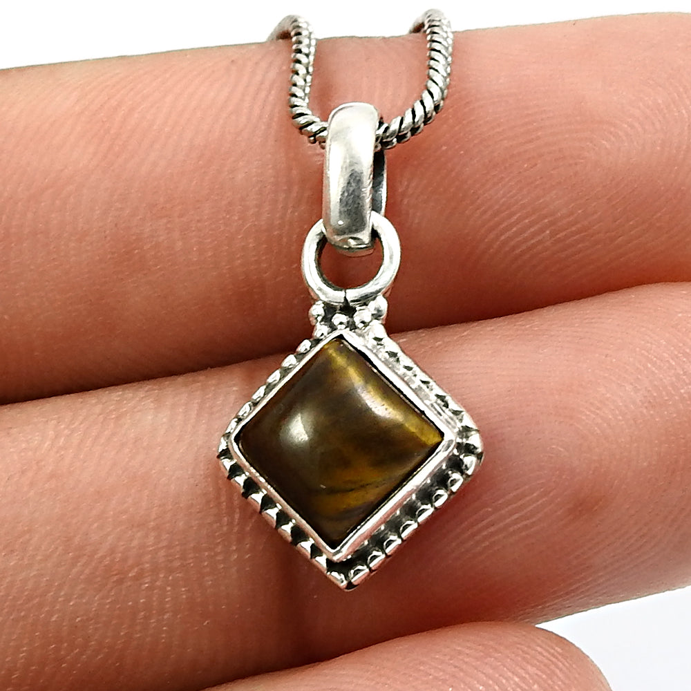 Cushion Natural Tiger Eye Birthday New Tribal Bezel Pendant 925 Solid Silver