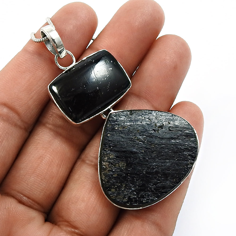 Healing Power Rough Stone Natural Black Tourmaline Solid 925 Silver Pendant Gift