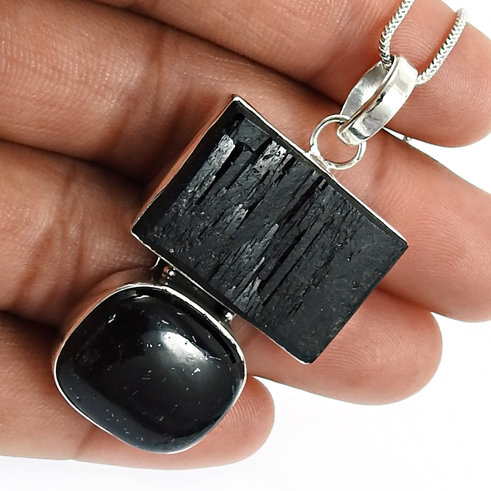 Birthday Gift 925 Silver Natural Black Tourmaline Stone Pendant Healing P39