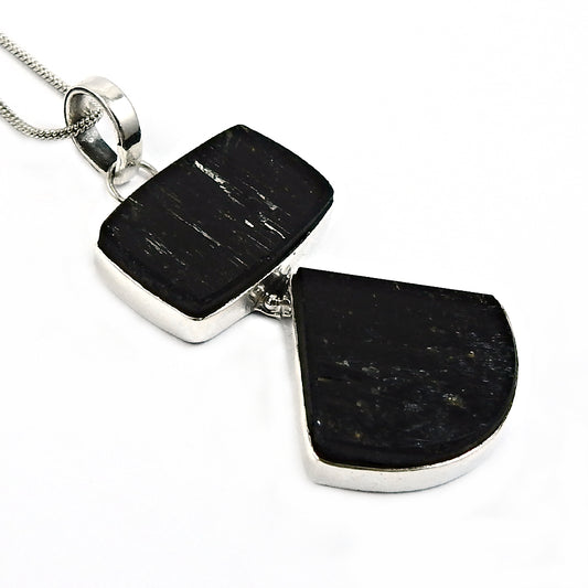 Black Tourmaline Stone Bezel Boho Healing Power Unique Pendant 925 Solid Silver