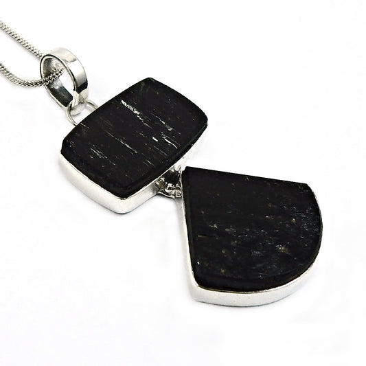 Black Tourmaline Stone Bezel Boho Healing Power Unique Pendant 925 Solid Silver