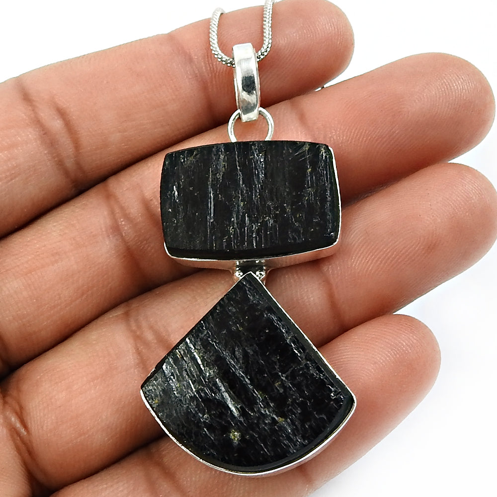 Black Tourmaline Stone Bezel Boho Healing Power Unique Pendant 925 Solid Silver