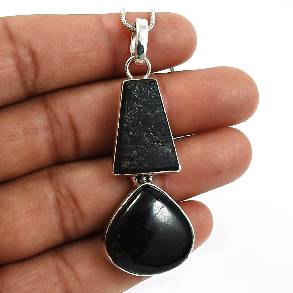 Healing Power Black Tourmaline Gemstone Pendant 925 Sterling Silver Jewelry R13