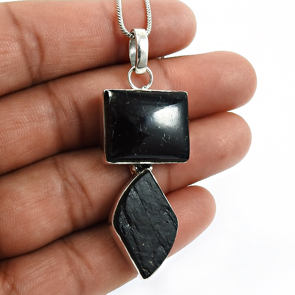 Black Tourmaline Gemstone Sterling Silver Healing Sister Bezel Pendant Jewelry