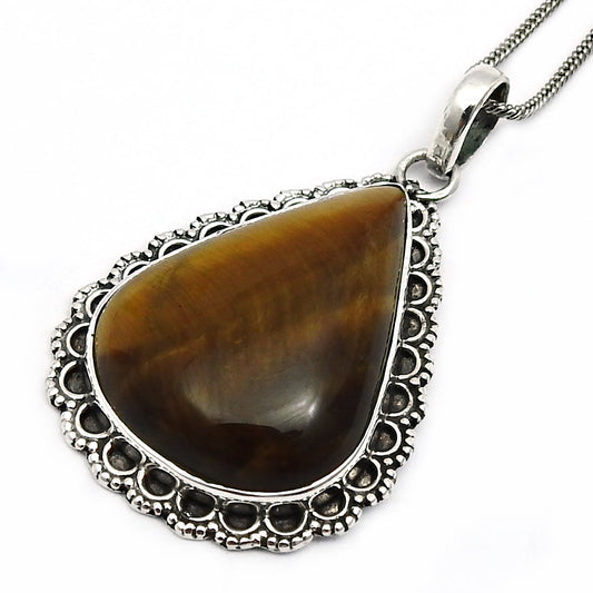 Birthday Gift Natural Tiger Eye Pendant Boho 925 Sterling Silver W10