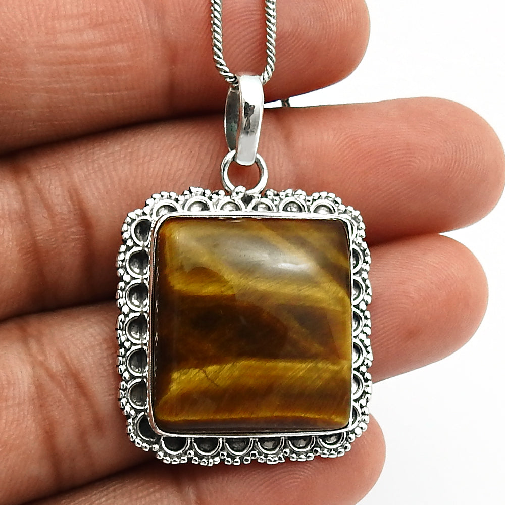 Natural Tiger Eye Gemstone 925 Sterling Silver Pendant Bohemian For Women X10