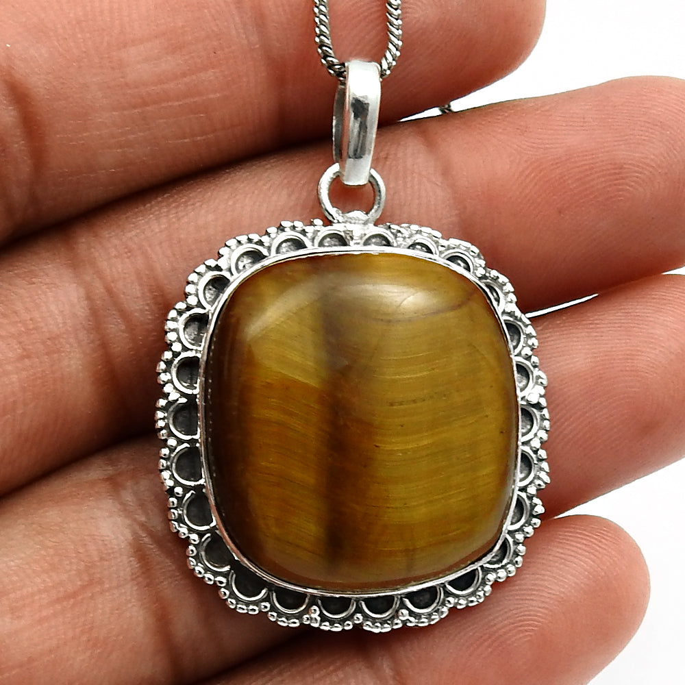 Wedding Gift For Her 925 Silver Natural Tiger Eye Gemstone Pendant Vintage V47