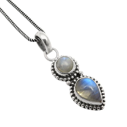 Birthday Gift Pendant Vintage 925 Silver Natural Rainbow Moonstone F11