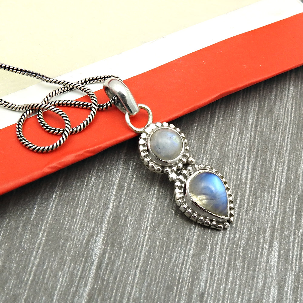 Birthday Gift Pendant Vintage 925 Silver Natural Rainbow Moonstone F11