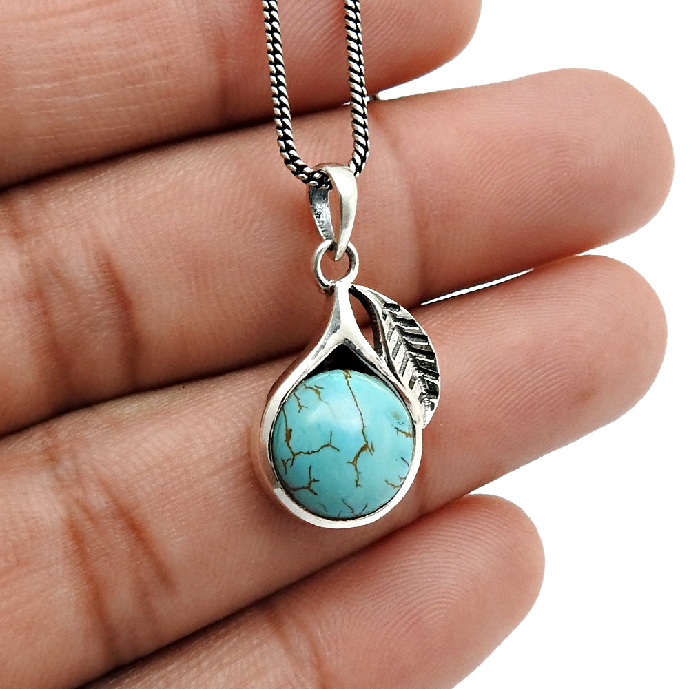 Gift For Her Natural Turquoise Gemstone Leaf Pendant Solid 925 Silver Jewelry