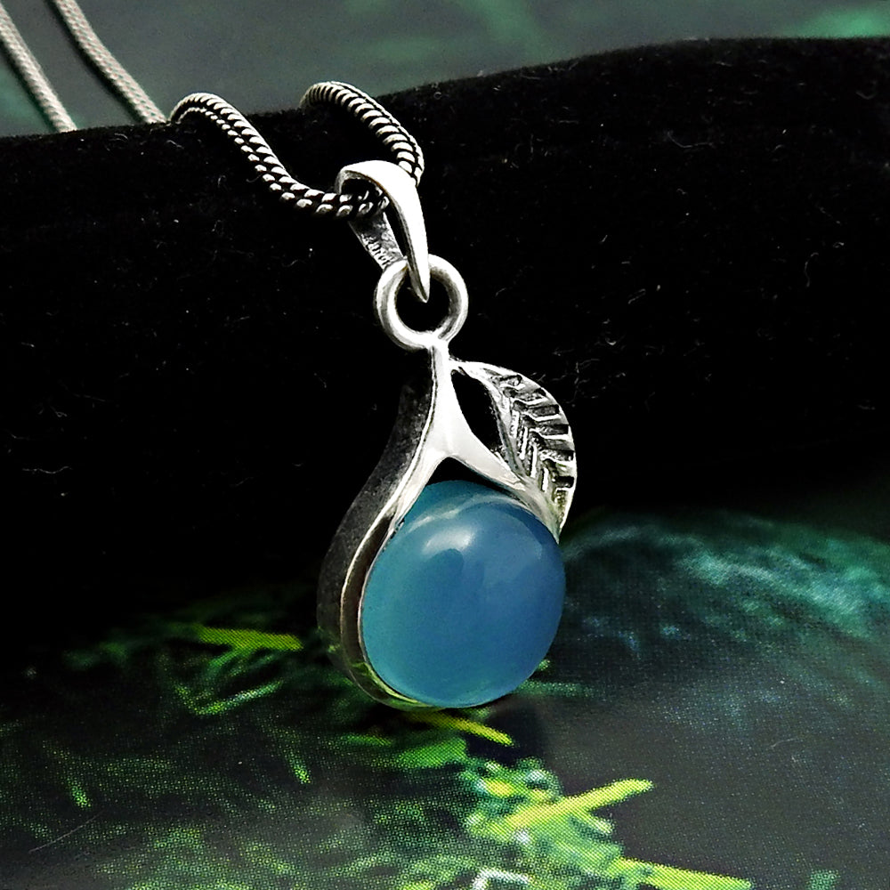 Natural Blue Chalcedony Gemstone 925 Sterling Silver Handmade Leaf Pendant Gift
