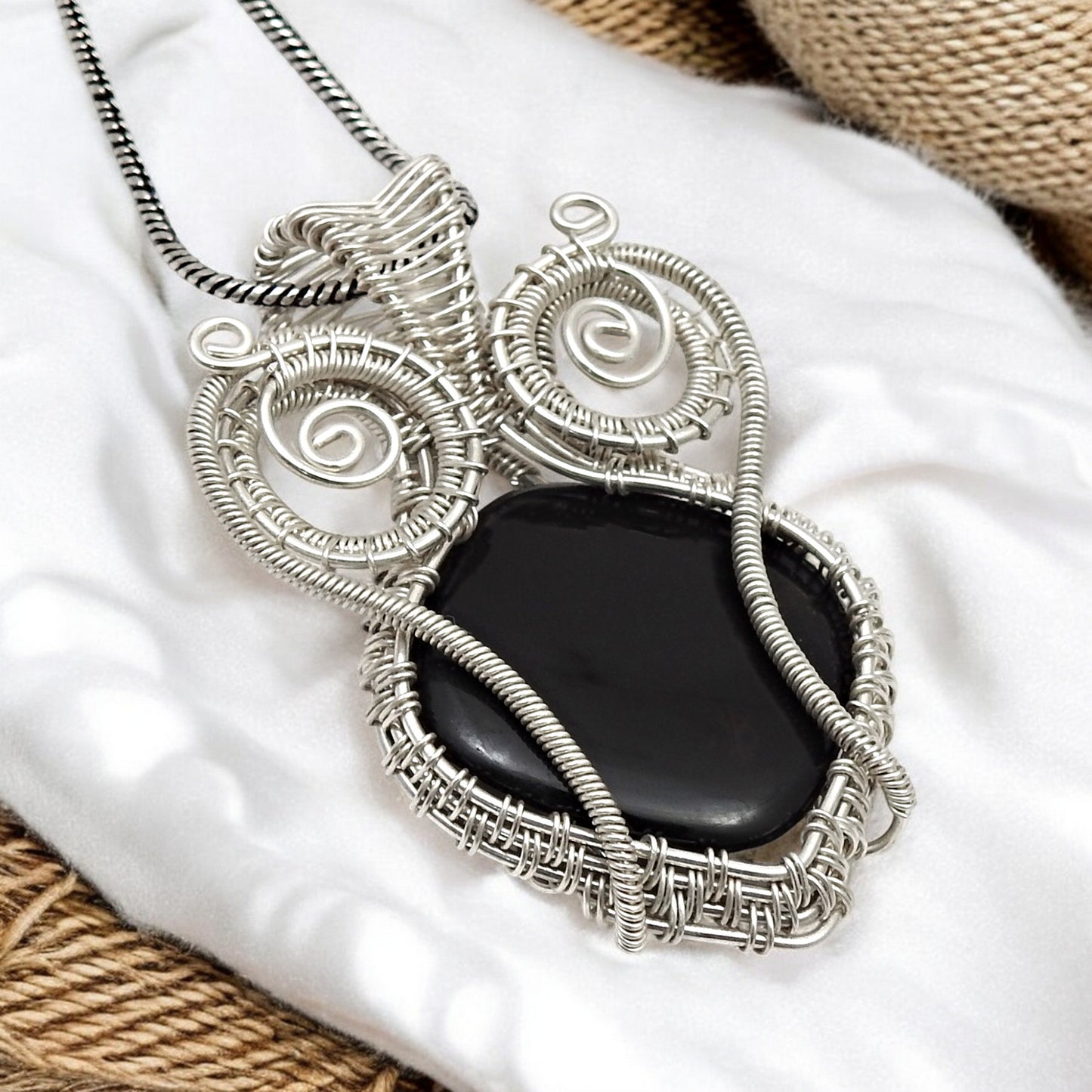 Natural Black Onyx 925 Sterling Silver Wire Wrapped Pendant