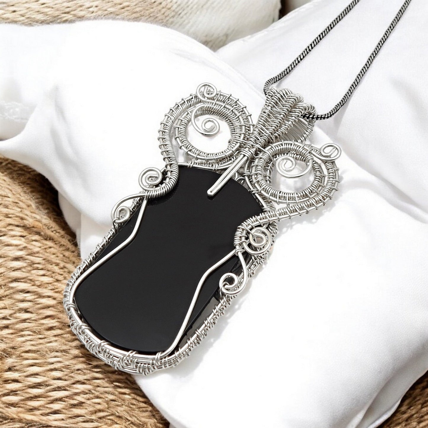 Natural Black Onyx Solid 925 Silver Wire Wrapped Pendant