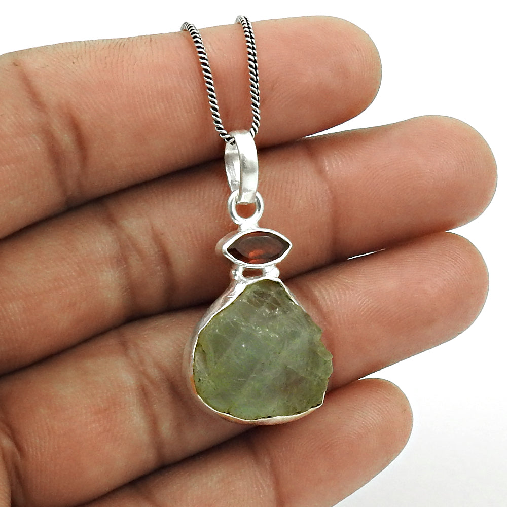 Garnet Wife Bezel Art Deco Rough Stone Birthday Ethnic Pendant 925 Solid Silver