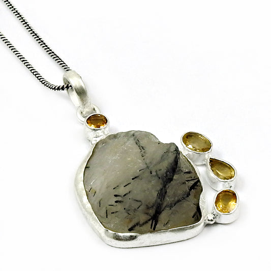 Cabochon Black Rutile Rough Stone Wedding Bezel Pendant Jewelry Sterling Silver